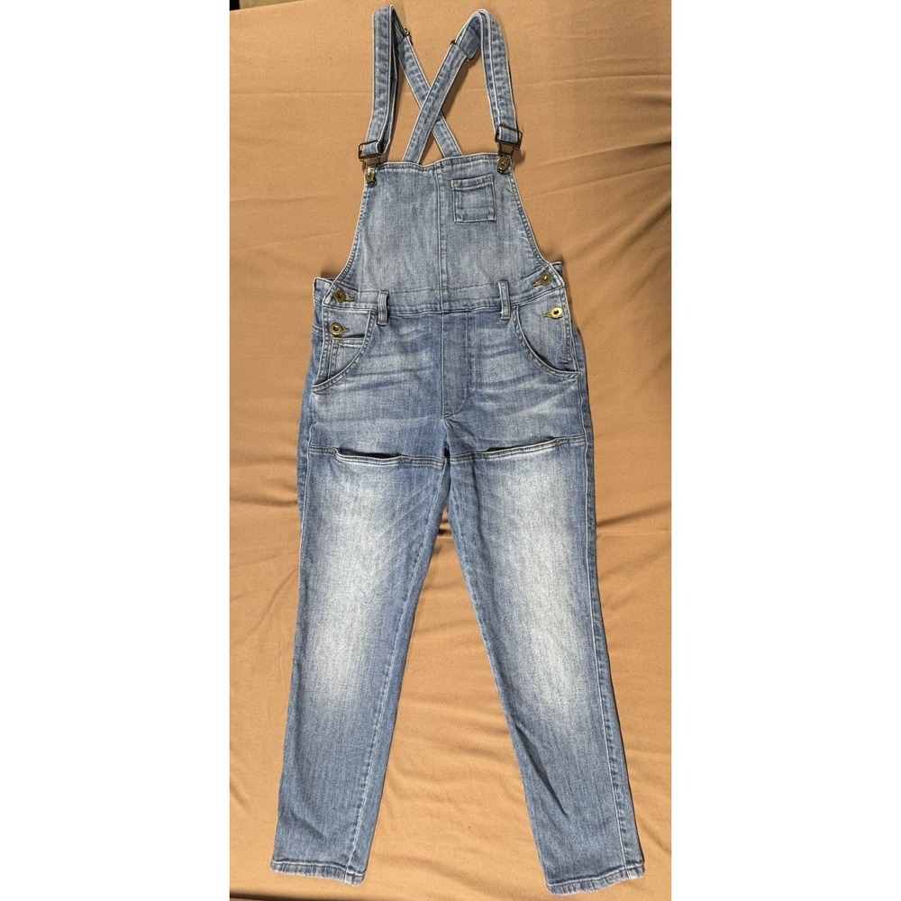 Y2K Guess Overalls Women 26 Blue Distress Denim Raw Hem Light Wash Bibs Jeans